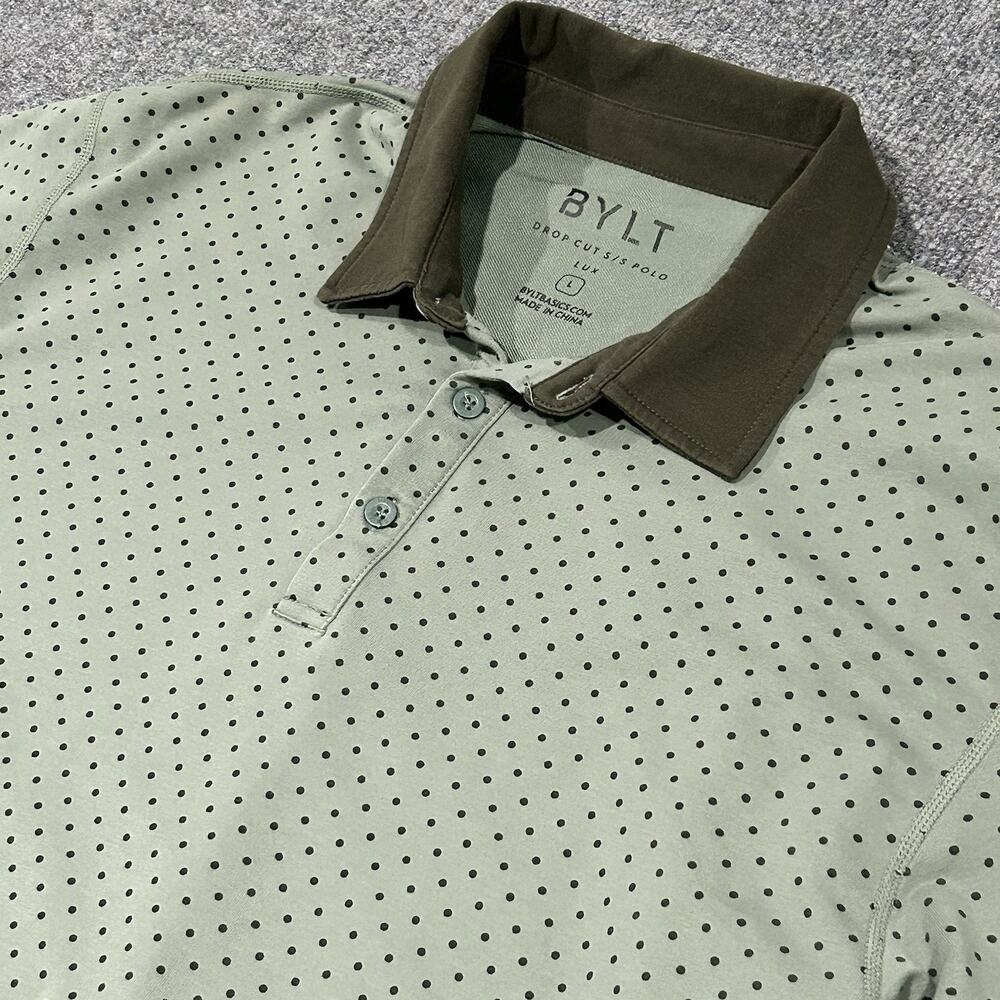 BYLT Basics Drop Cut S/S Polo Shirt Lux Men’s Size L Sage Green Polka Dot Golf
